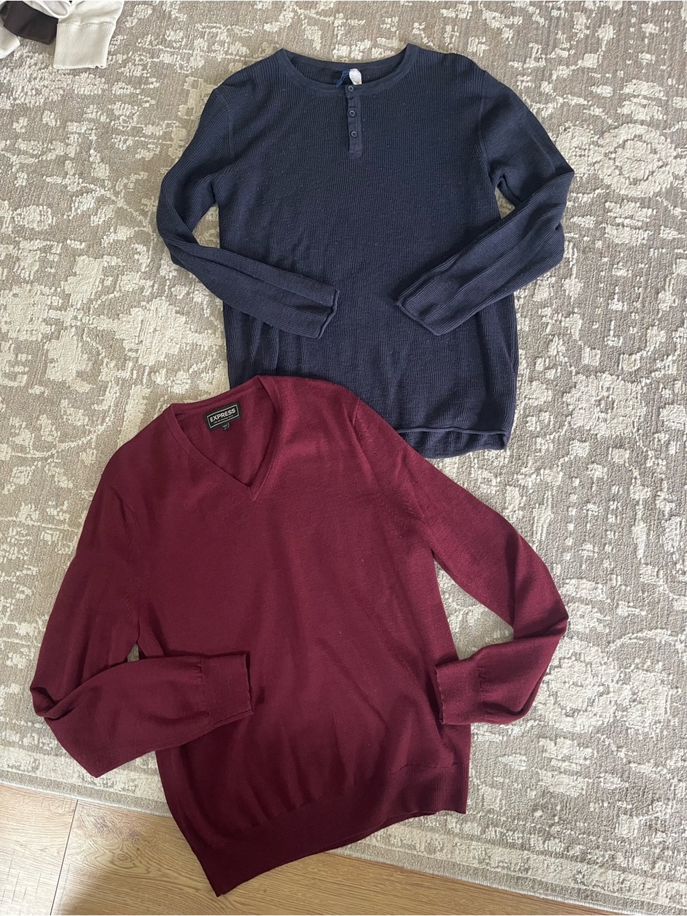 Express Men’s V-Neck Sweater in Burgundy & H&M Navy Henley